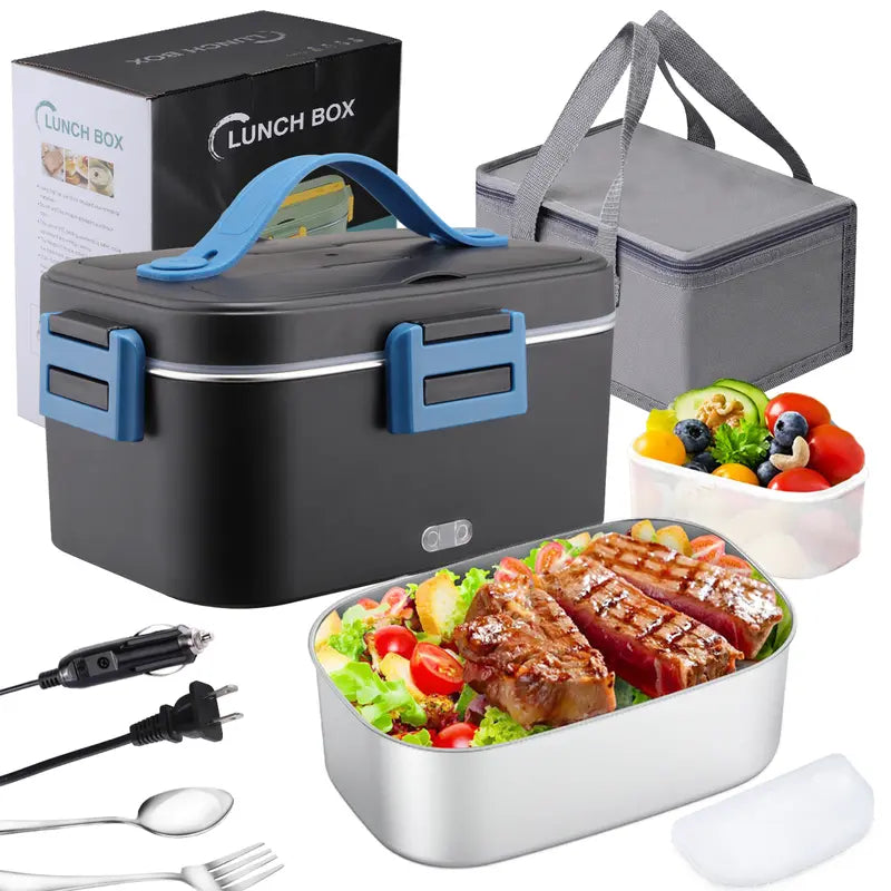 Electric Lunch Box, Portable Food Heater for Adults, Fast Heating Food Warmer for Car Truck Home Office 110V/12V/24V with 1.8L 304 Stainless Steel Container, Fork Spoon and Bag