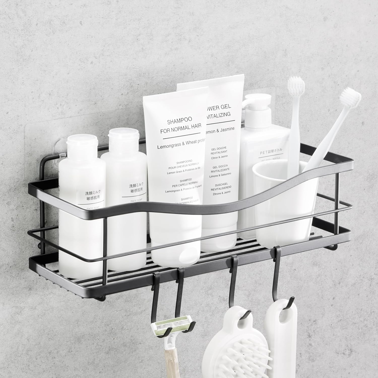 Premium Shower Caddy - Self Adhesive Shower Organizer W/Hooks, Drill-Free Shower Shelves for inside Shower, Rustproof Stainless Steel Shower Rack for Bathroom, Matte Black