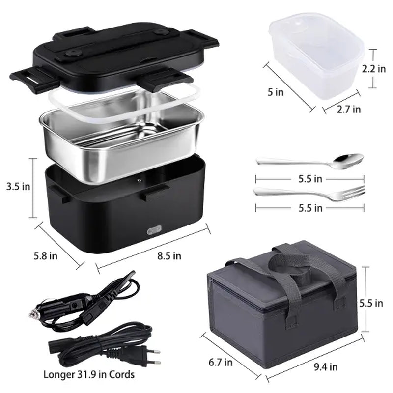 Electric Lunch Box, Portable Food Heater for Adults, Fast Heating Food Warmer for Car Truck Home Office 110V/12V/24V with 1.8L 304 Stainless Steel Container, Fork Spoon and Bag