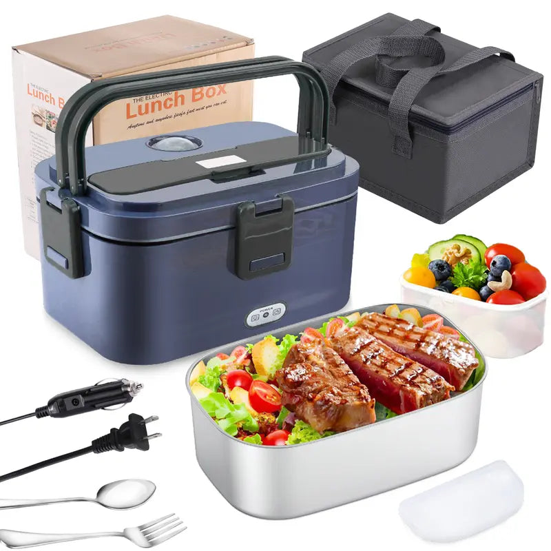 Electric Lunch Box, Portable Food Heater for Adults, Fast Heating Food Warmer for Car Truck Home Office 110V/12V/24V with 1.8L 304 Stainless Steel Container, Fork Spoon and Bag