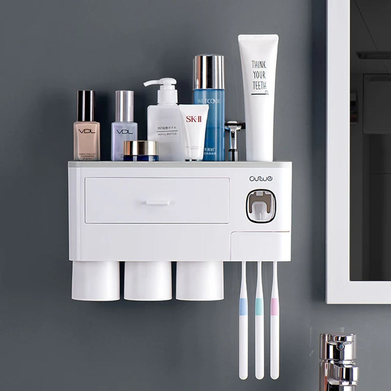 Wall-Mounted Toothbrush Holder with Toothpaste Squeezer and Auto Dispenser - Bathroom Storage Rack for Home Restroom