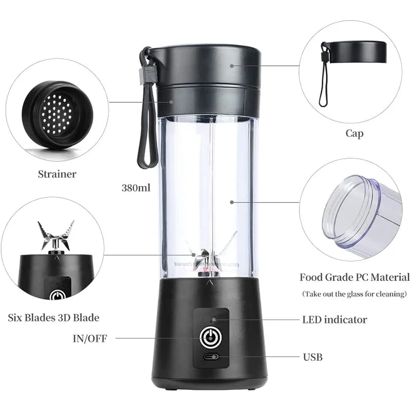 Portable Electric USB Juicer Blender with Six Blades - 380ml