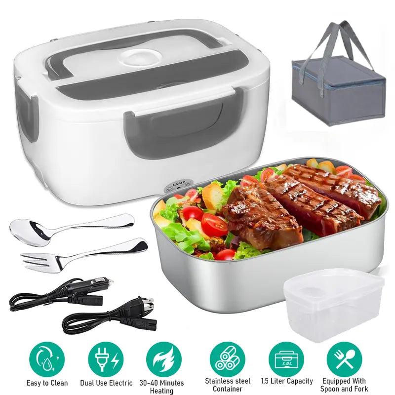 Electric Lunch Box Food Heater, 65W Faster Heated, Food Warmer 110V/12V/24V Self Heating for Work/Car/Outdoors, Portable Heated Lunch Box for Adult with Lunch Bag Pink/White/Grey, Best Gift