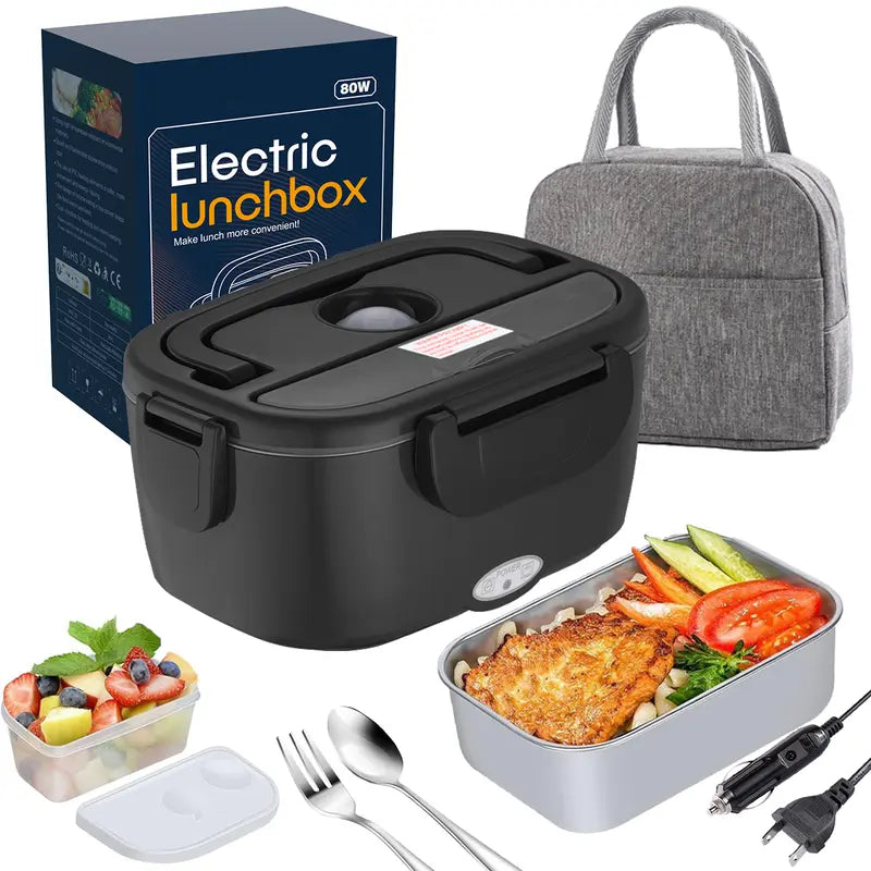 Electric Lunch Box, Portable Food Heater for Adults, Fast Heating Food Warmer for Car Truck Home Office 110V/12V/24V with 1.8L 304 Stainless Steel Container, Fork Spoon and Bag