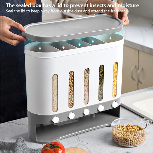 Wall Mounted Cereal and Grain Dispenser with 5 Storage Containers for Kitchen