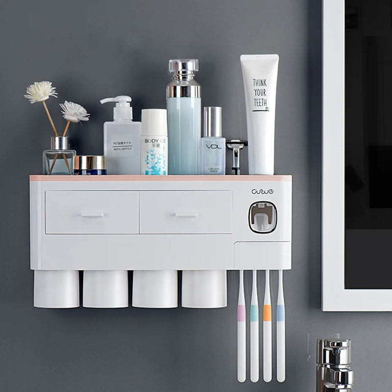 Wall-Mounted Toothbrush Holder with Toothpaste Squeezer and Auto Dispenser - Bathroom Storage Rack for Home Restroom