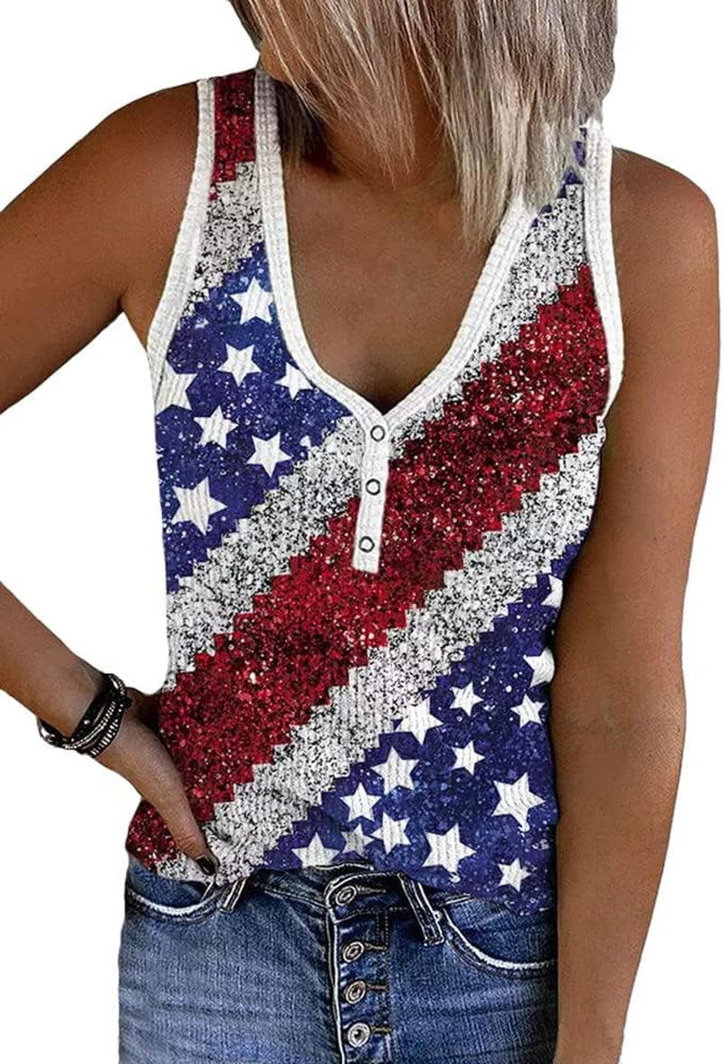 Womens American Flag Button V-Neck Tank Coloful Printed Sleeveless Patriotic Shirts Summer Tops