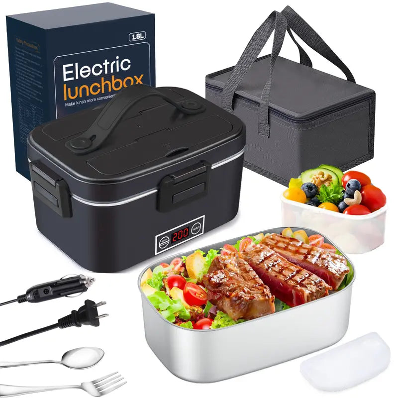 Electric Lunch Box, Portable Food Heater for Adults, Fast Heating Food Warmer for Car Truck Home Office 110V/12V/24V with 1.8L 304 Stainless Steel Container, Fork Spoon and Bag