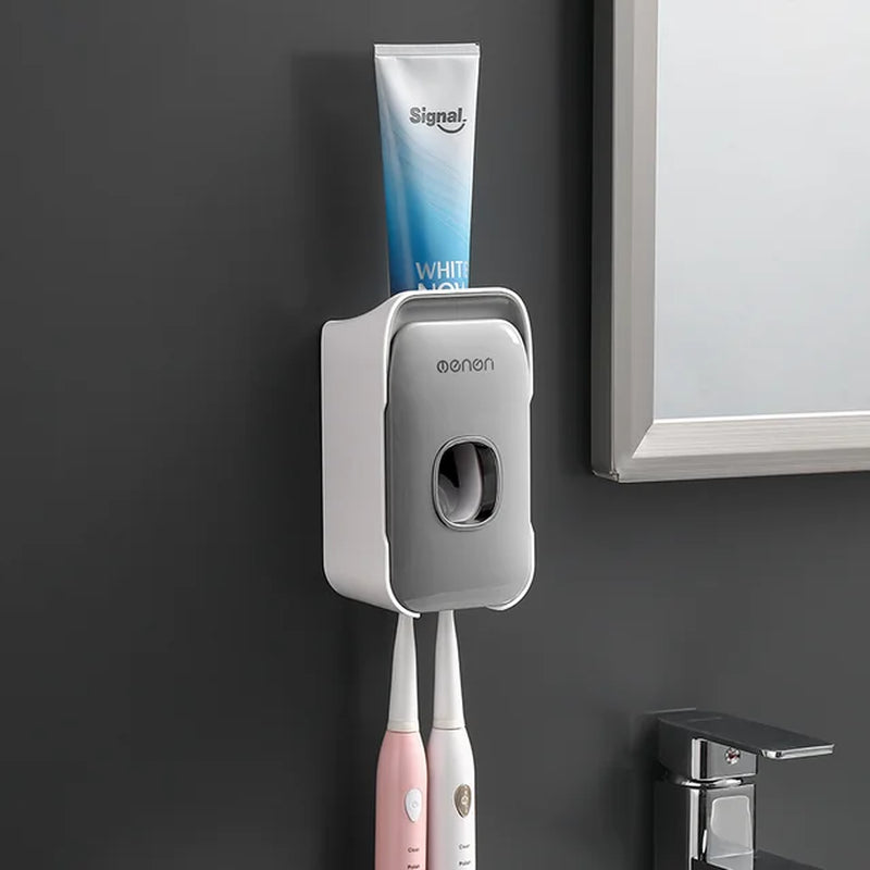 Wall-Mounted Toothbrush Holder with Toothpaste Squeezer and Auto Dispenser - Bathroom Storage Rack for Home Restroom