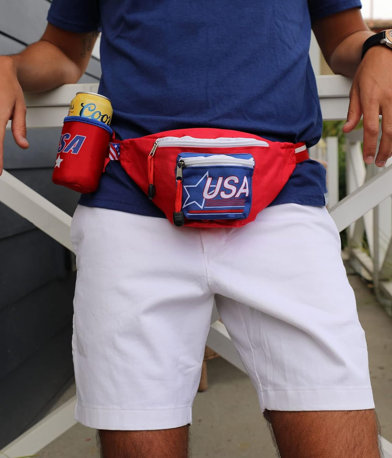 American Flag Fanny Packs with Drink Holder - USA Fanny Pack for 4Th of July BBQ, Pool Party and Events