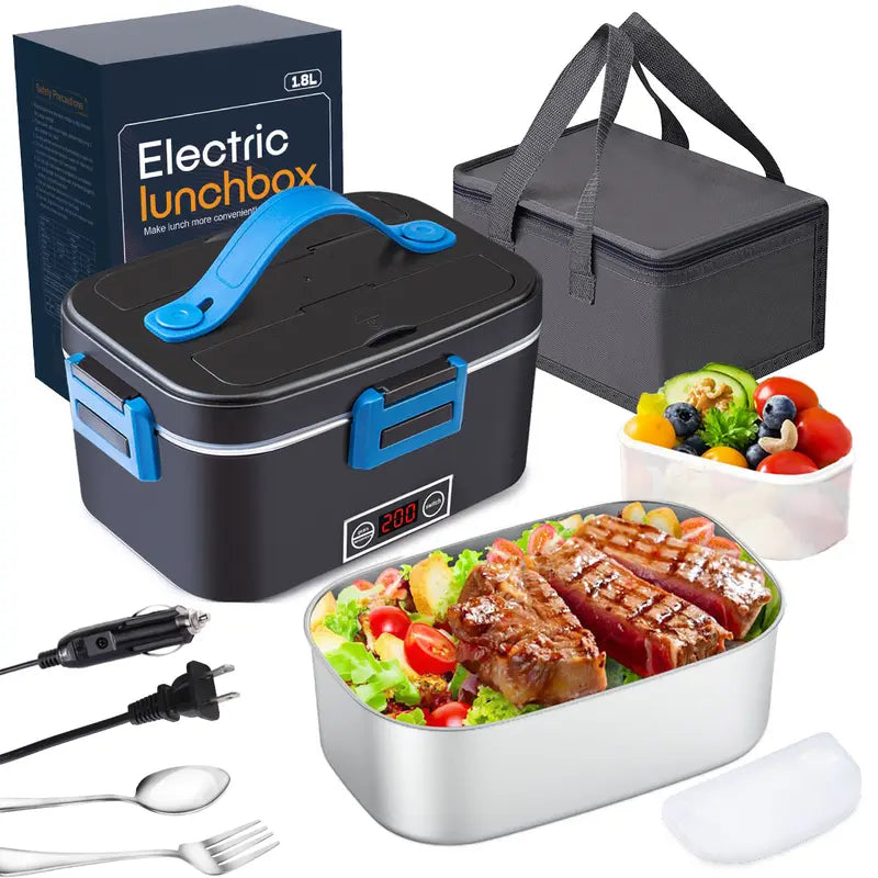 Electric Lunch Box, Portable Food Heater for Adults, Fast Heating Food Warmer for Car Truck Home Office 110V/12V/24V with 1.8L 304 Stainless Steel Container, Fork Spoon and Bag