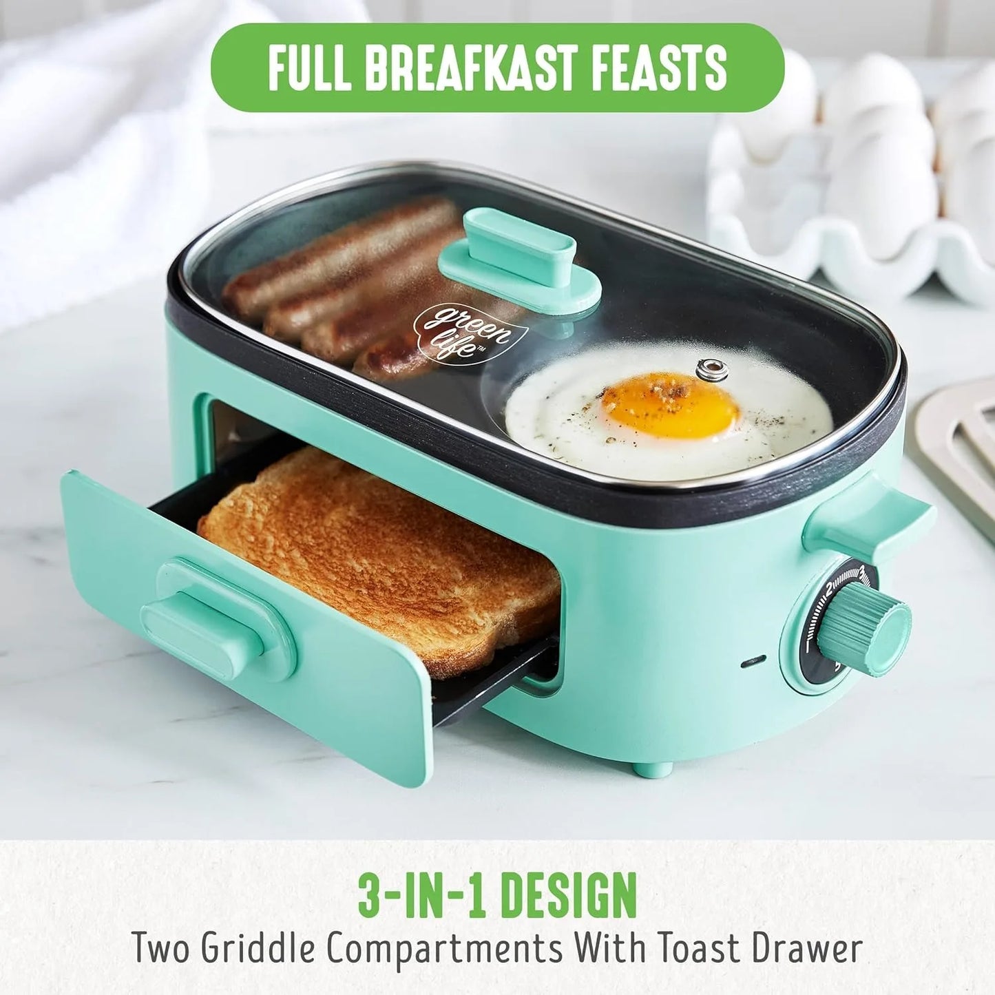 Turquoise 3-In-1 Breakfast Maker Station with Ceramic Nonstick Dual Griddles, Breakfast Sandwiches, and 2 Slice Toast Drawer