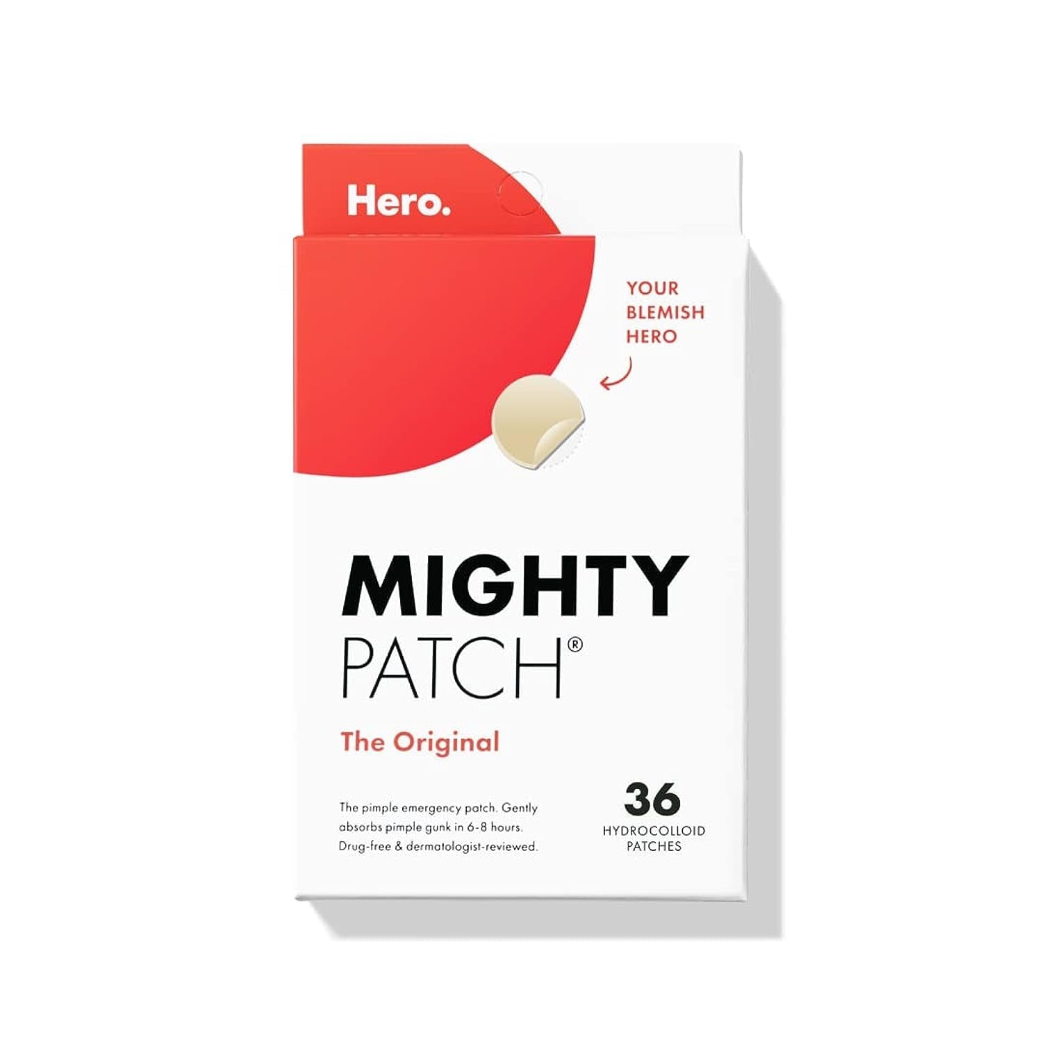 Hero Cosmetics Original Patch - Hydrocolloid Acne Pimple Patch for Covering Zits and Blemishes, Spot Stickers for Face and Skin (36 Count)