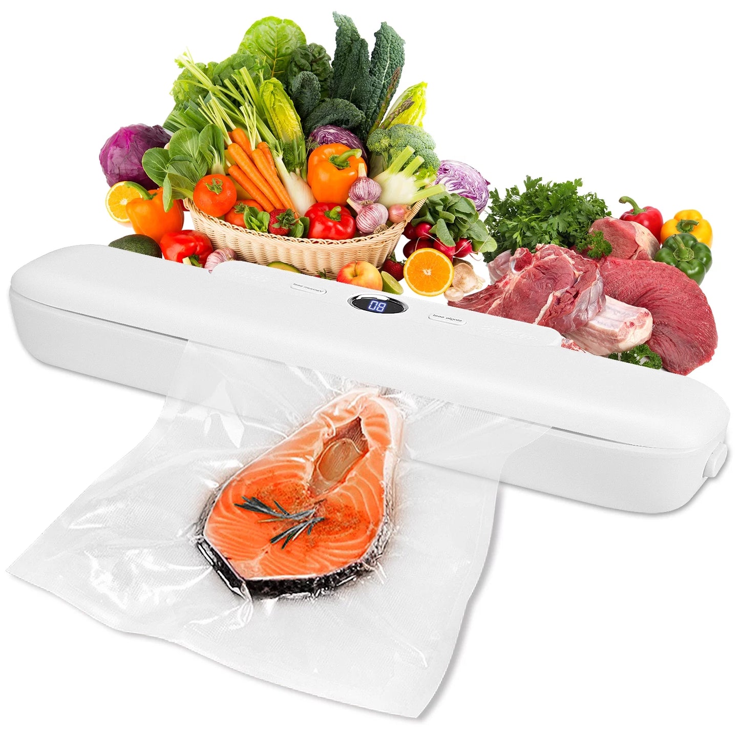 Professional Title: "Automatic Vacuum Sealer with Built-in Air Sealing System, 2 Food Modes, LCD Display - White"