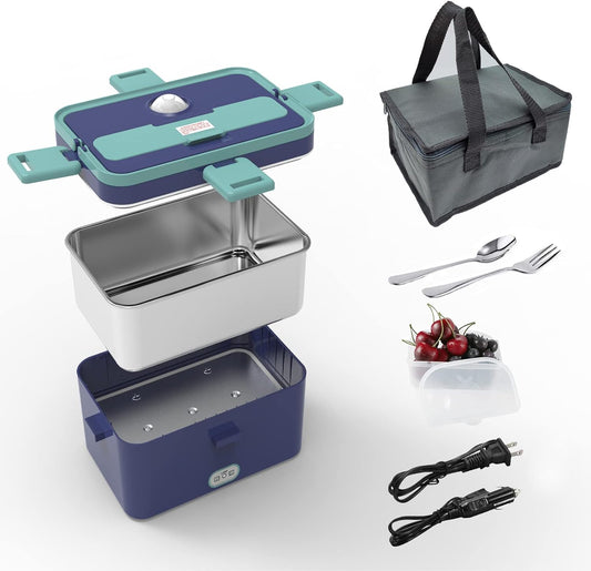 Electric Lunch Box Heated Lunch Box Portable Food Warmer for Adults, 1.8L 60W 12V/24V for Car/Truck, 110V for Office Home, Removable Container, with Fork Spoon Carry Bag (Dark Purple+Green)