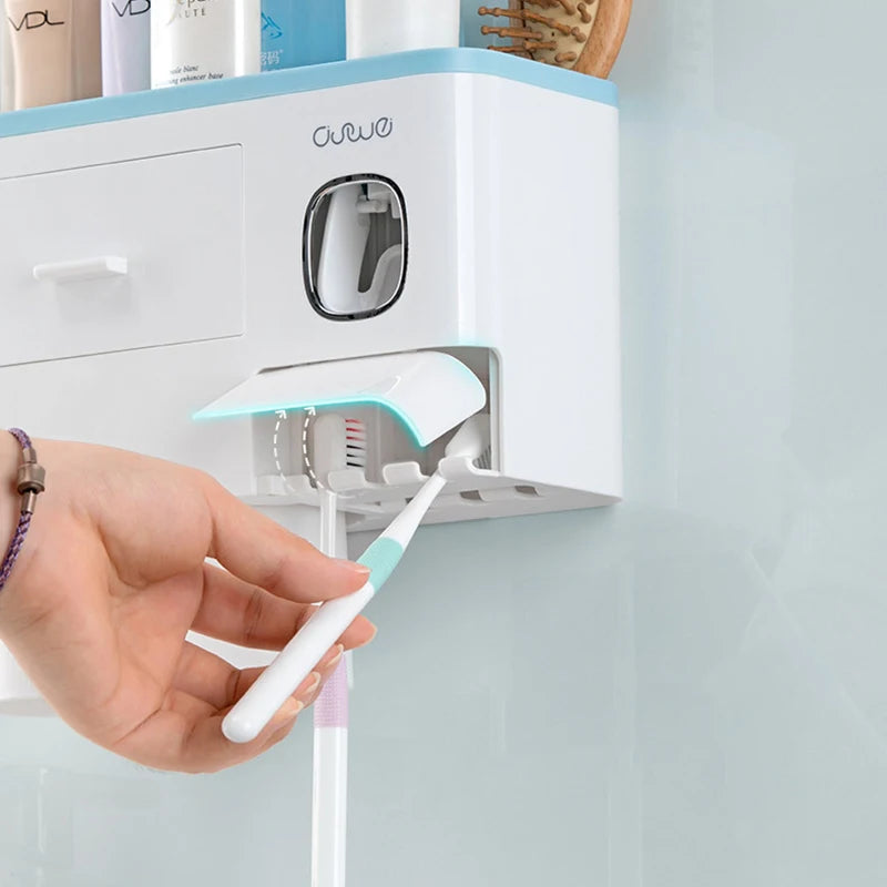 Wall-Mounted Toothbrush Holder with Toothpaste Squeezer and Auto Dispenser - Bathroom Storage Rack for Home Restroom