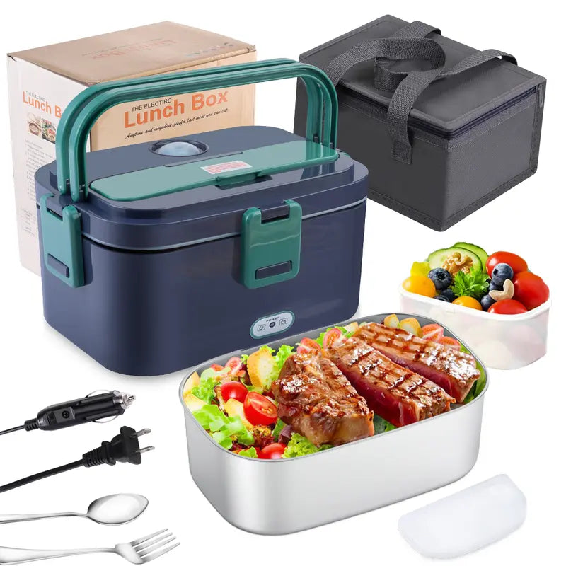 Electric Lunch Box, Portable Food Heater for Adults, Fast Heating Food Warmer for Car Truck Home Office 110V/12V/24V with 1.8L 304 Stainless Steel Container, Fork Spoon and Bag