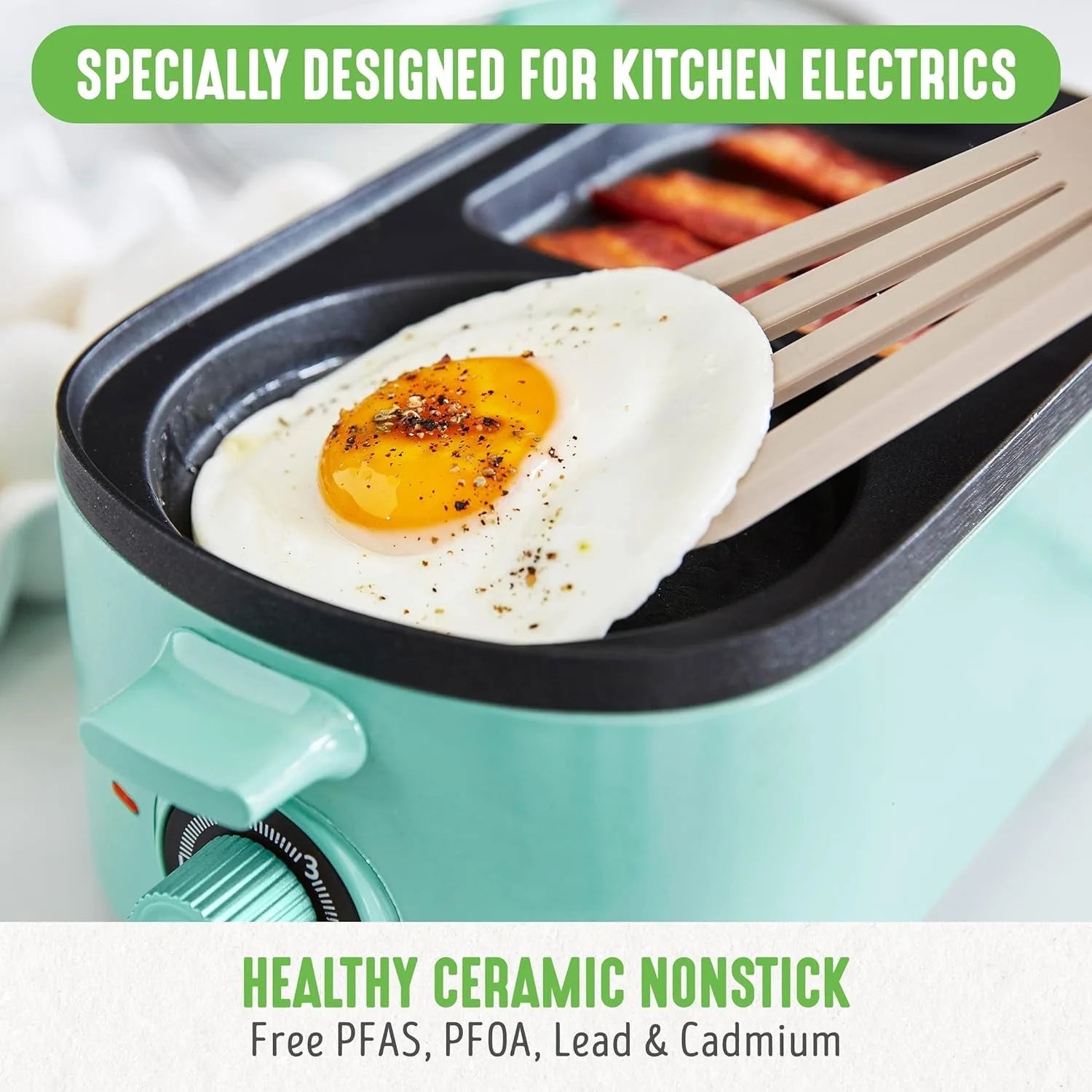 Turquoise 3-In-1 Breakfast Maker Station with Ceramic Nonstick Dual Griddles, Breakfast Sandwiches, and 2 Slice Toast Drawer