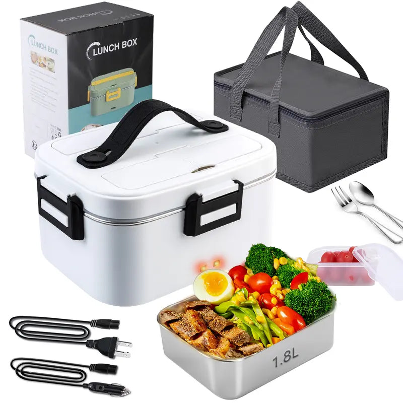 Electric Lunch Box, Portable Food Heater for Adults, Fast Heating Food Warmer for Car Truck Home Office 110V/12V/24V with 1.8L 304 Stainless Steel Container, Fork Spoon and Bag