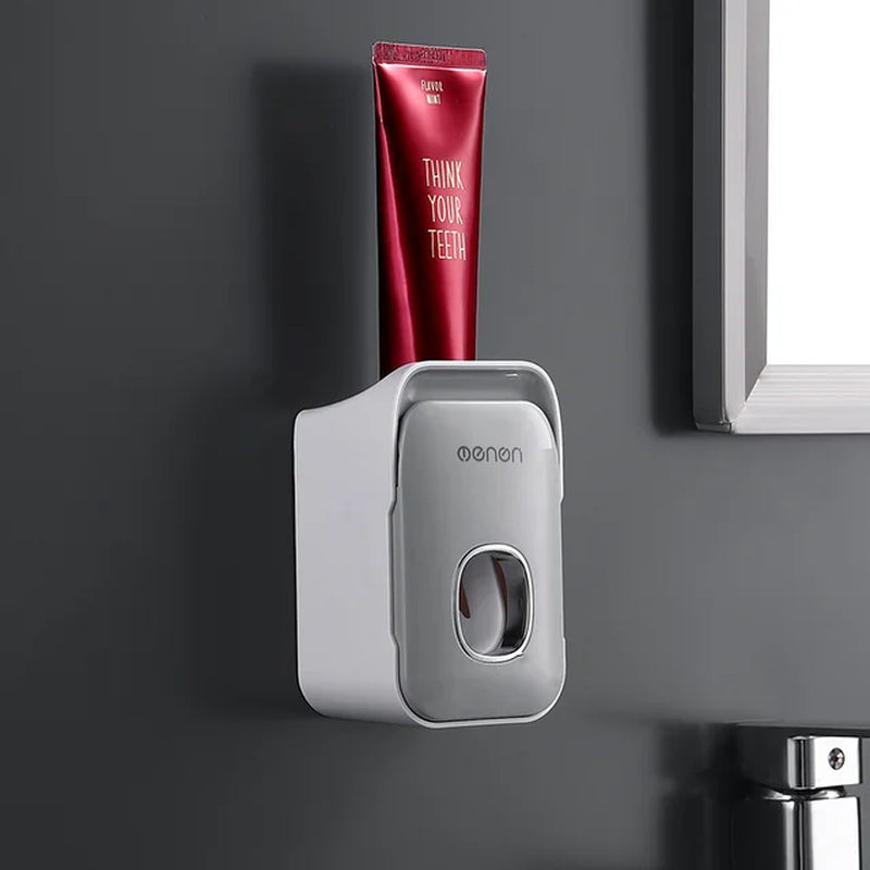 Wall-Mounted Toothbrush Holder with Toothpaste Squeezer and Auto Dispenser - Bathroom Storage Rack for Home Restroom