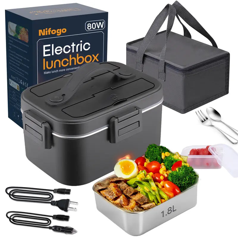 Electric Lunch Box Food Heater 80W Portable Heated Lunch Box for Adults Food Warmer Lunch Box 110V/24V/12V for Office Truck Car, with 1,8L Stainless Steel Container & Bag