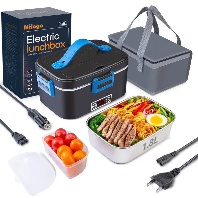 Electric Lunch Box Food Heater 80W Portable Heated Lunch Box for Adults Food Warmer Lunch Box 110V/24V/12V for Office Truck Car, with 1,8L Stainless Steel Container & Bag