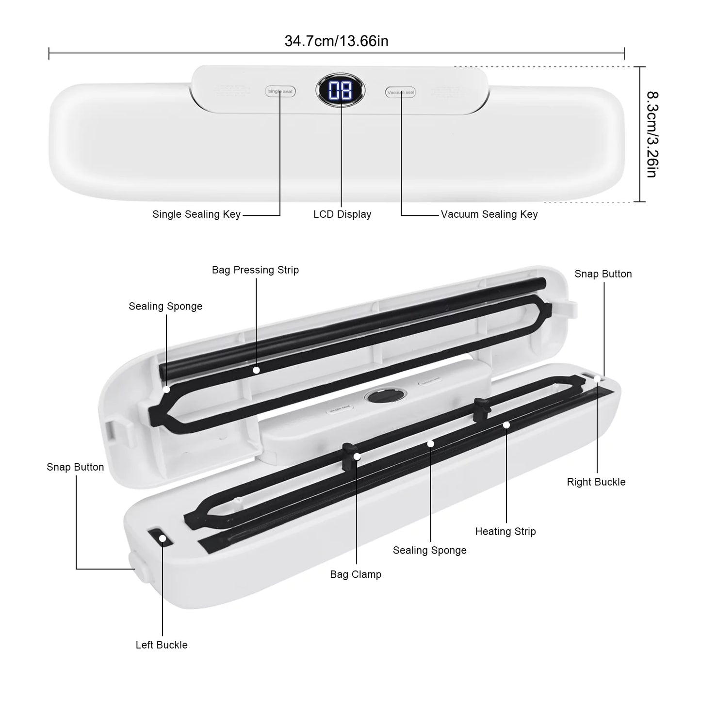 Professional Title: "Automatic Vacuum Sealer with Built-in Air Sealing System, 2 Food Modes, LCD Display - White"