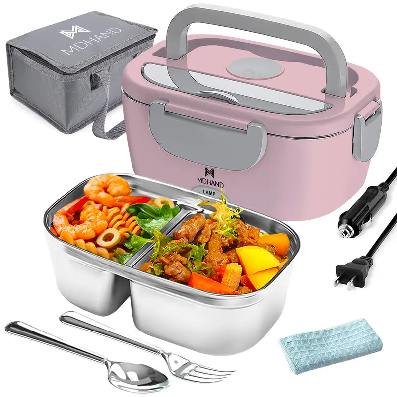 Electric Lunch Box Food Heater, 65W Faster Heated, Food Warmer 110V/12V/24V Self Heating for Work/Car/Outdoors, Portable Heated Lunch Box for Adult with Lunch Bag Pink/White/Grey, Best Gift