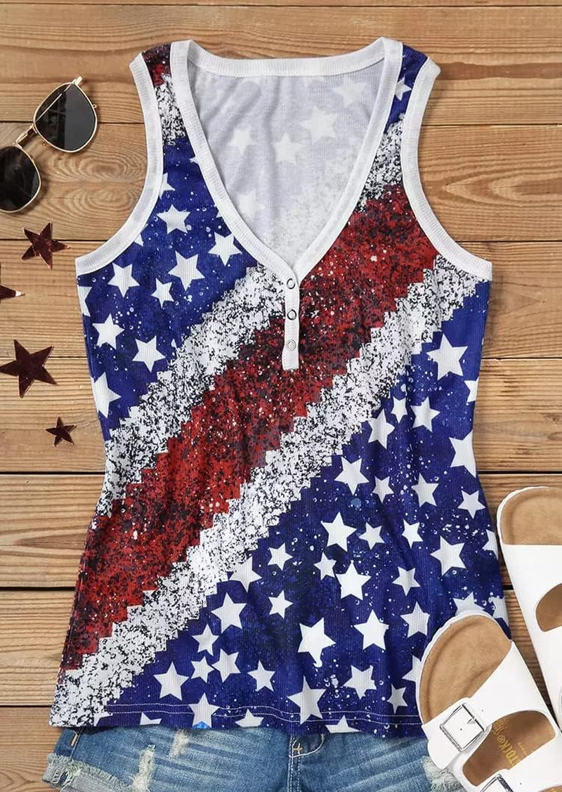 Womens American Flag Button V-Neck Tank Coloful Printed Sleeveless Patriotic Shirts Summer Tops