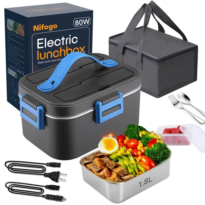 Electric Lunch Box Food Heater 80W Portable Heated Lunch Box for Adults Food Warmer Lunch Box 110V/24V/12V for Office Truck Car, with 1,8L Stainless Steel Container & Bag