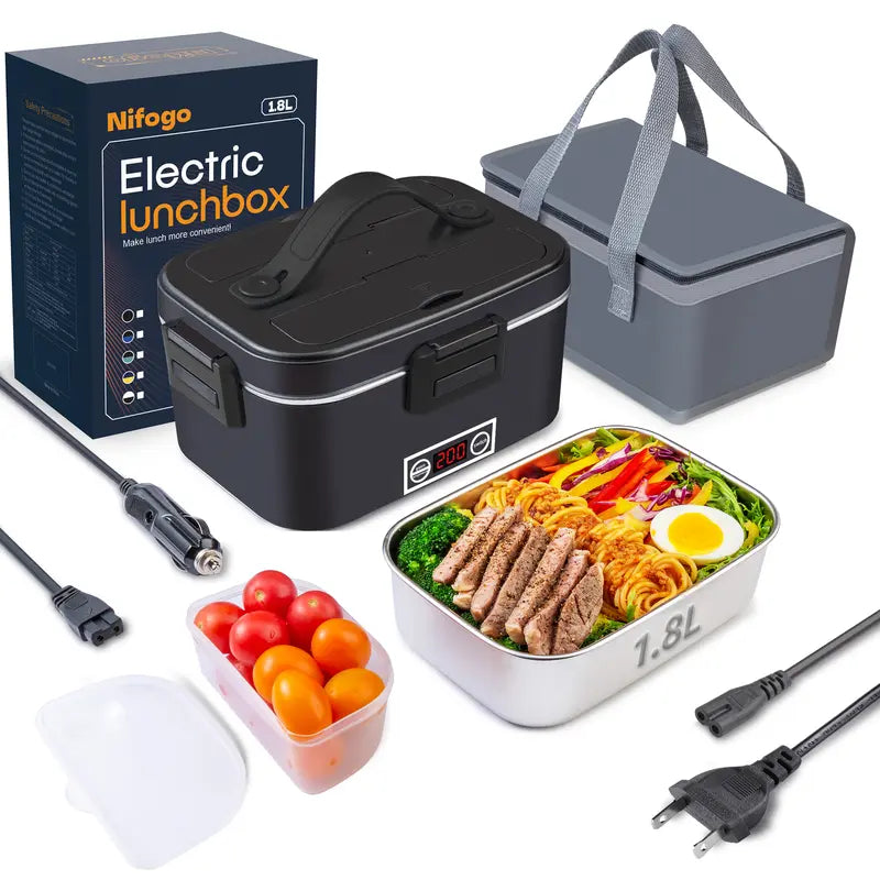 Electric Lunch Box Food Heater 80W Portable Heated Lunch Box for Adults Food Warmer Lunch Box 110V/24V/12V for Office Truck Car, with 1,8L Stainless Steel Container & Bag