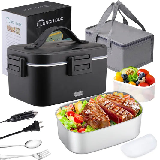 Electric Lunch Box, Portable Food Heater for Adults, Fast Heating Food Warmer for Car Truck Home Office 110V/12V/24V with 1.8L 304 Stainless Steel Container, Fork Spoon and Bag