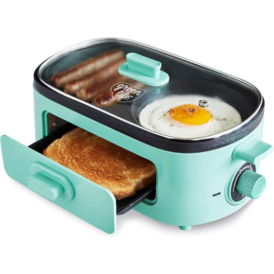 Turquoise 3-In-1 Breakfast Maker Station with Ceramic Nonstick Dual Griddles, Breakfast Sandwiches, and 2 Slice Toast Drawer