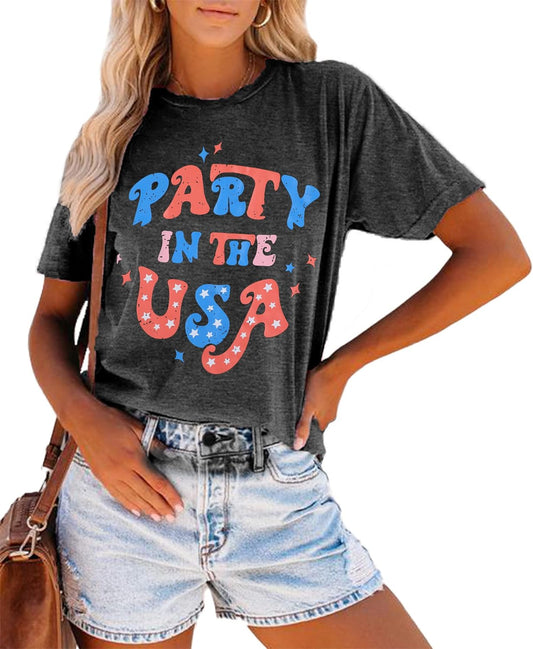 Party in the USA T-Shirt Women 4Th of July Independence Day Shirts Funny Patriontic Graphic Short Sleeve Tee Tops