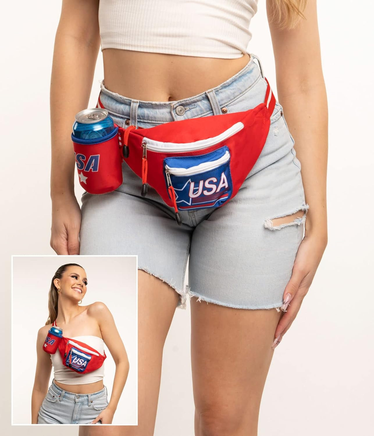 American Flag Fanny Packs with Drink Holder - USA Fanny Pack for 4Th of July BBQ, Pool Party and Events