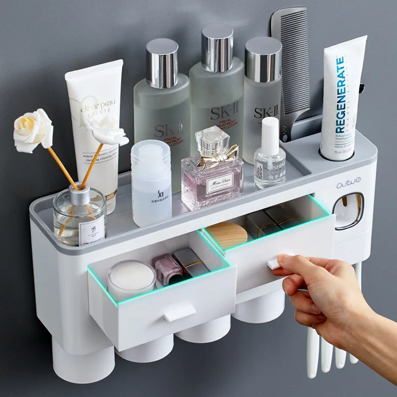 Wall-Mounted Toothbrush Holder with Toothpaste Squeezer and Auto Dispenser - Bathroom Storage Rack for Home Restroom