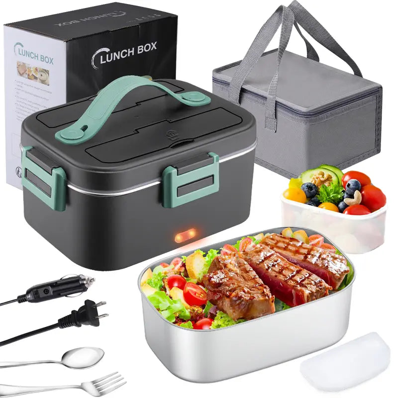 Electric Lunch Box, Portable Food Heater for Adults, Fast Heating Food Warmer for Car Truck Home Office 110V/12V/24V with 1.8L 304 Stainless Steel Container, Fork Spoon and Bag