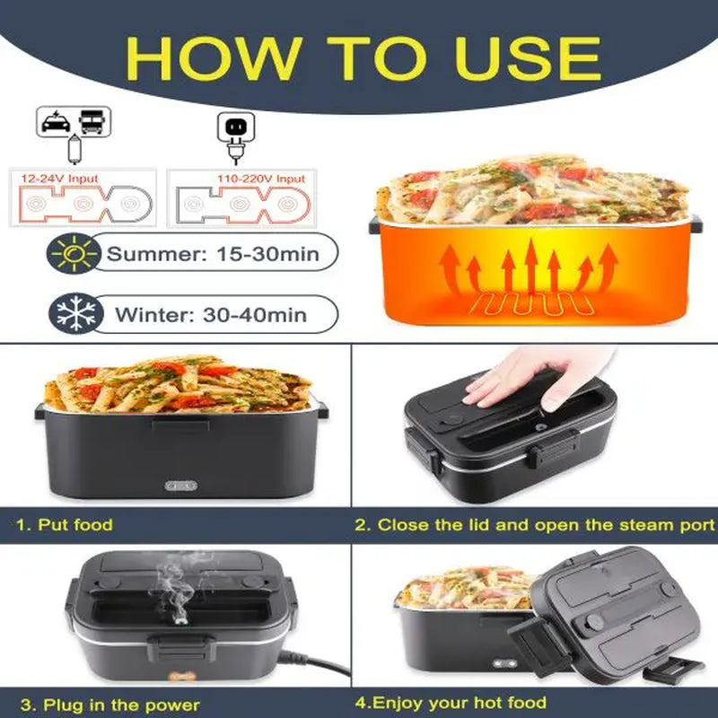 Electric Lunch Box Food Heater 80W Portable Heated Lunch Box for Adults Food Warmer Lunch Box 110V/24V/12V for Office Truck Car, with 1,8L Stainless Steel Container & Bag