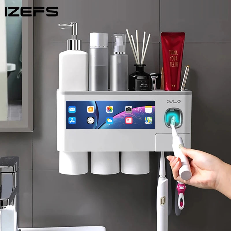 Wall-Mounted Toothbrush Holder with Toothpaste Squeezer and Auto Dispenser - Bathroom Storage Rack for Home Restroom