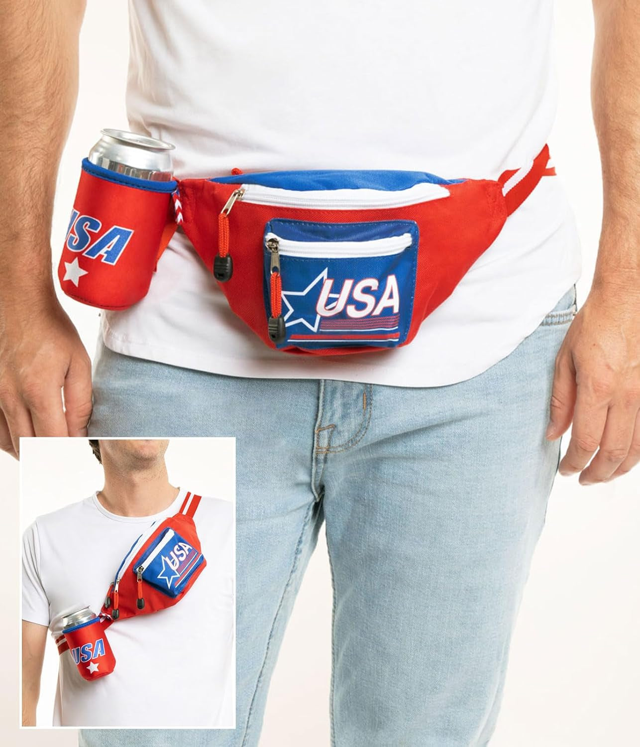 American Flag Fanny Packs with Drink Holder - USA Fanny Pack for 4Th of July BBQ, Pool Party and Events