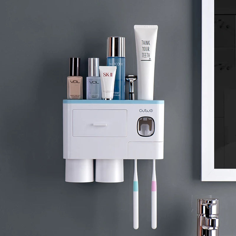 Wall-Mounted Toothbrush Holder with Toothpaste Squeezer and Auto Dispenser - Bathroom Storage Rack for Home Restroom