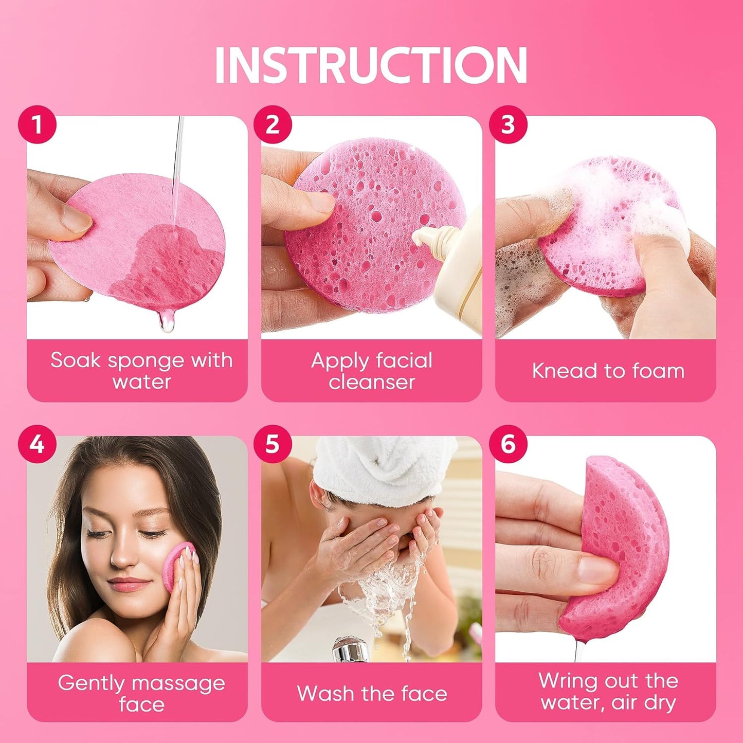 50-Count Compressed Facial Sponges for Daily Facial Cleansing and Exfoliating, 100％ Natural Cosmetic Spa Sponges for Makeup Remover, Reusable, Pink