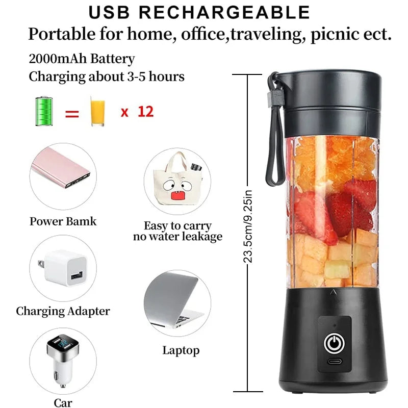 Portable Electric USB Juicer Blender with Six Blades - 380ml