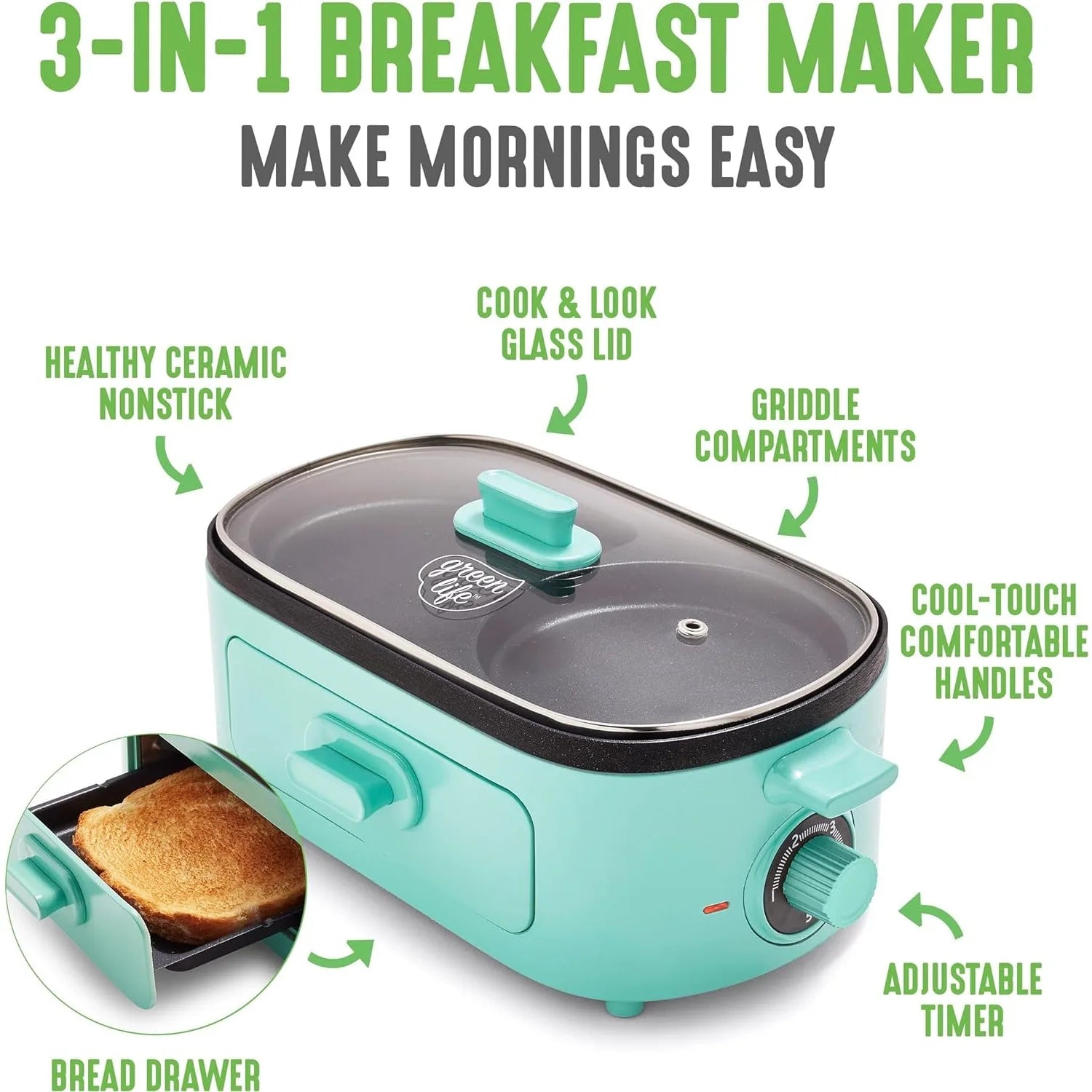 Turquoise 3-In-1 Breakfast Maker Station with Ceramic Nonstick Dual Griddles, Breakfast Sandwiches, and 2 Slice Toast Drawer